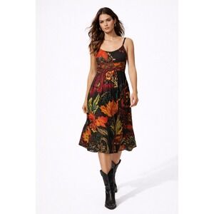 Desigual Floral Print Sheer Mesh Midi Dress Black Red Orange M